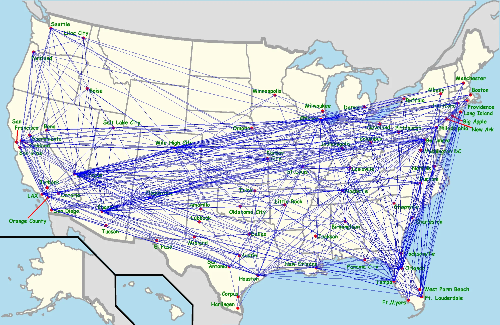 An illustration of the Southwest Airlines flight route map circa 2011.