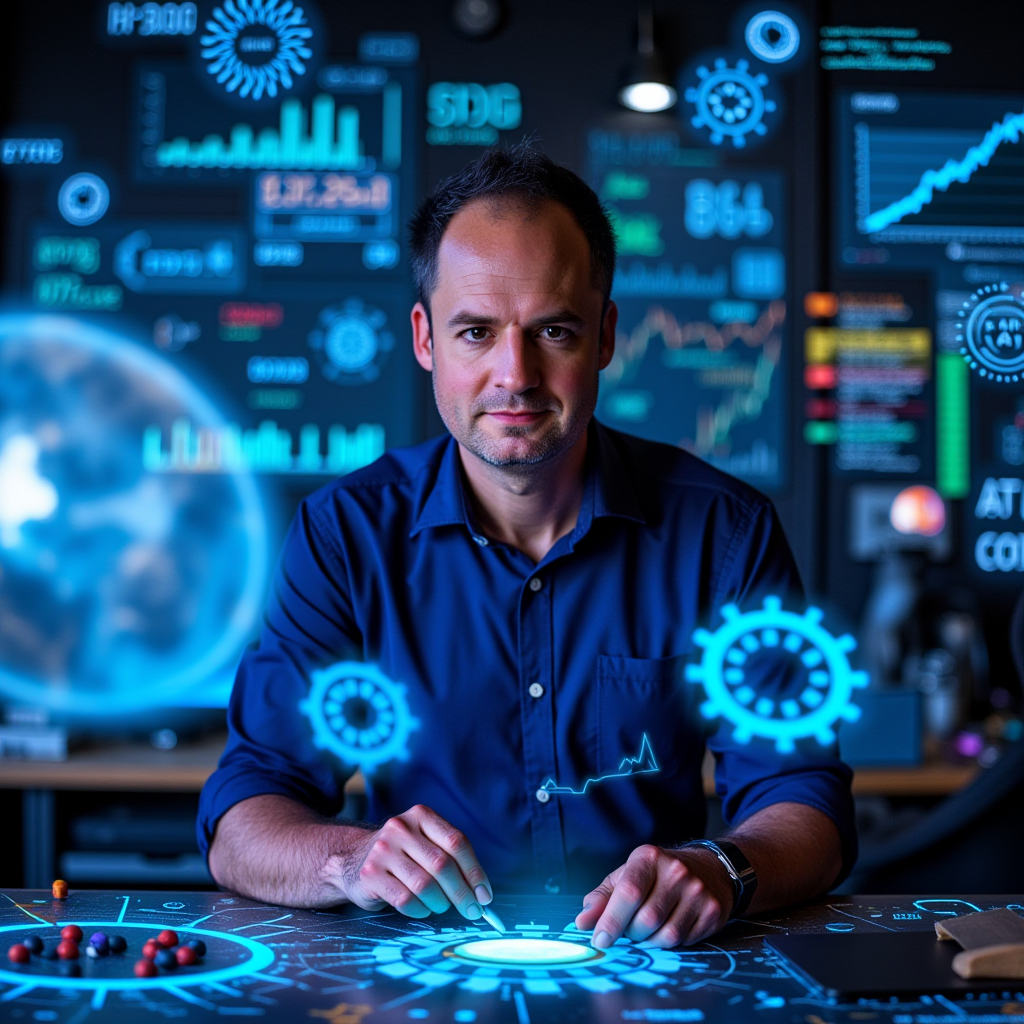 AI-generated image of Jason Roth wearing a dark blue button-down shirt and sitting at a desk with his hands positioned over a glowing blue holographic interface, surrounded by floating digital displays and data visualizations in a futuristic technology setting