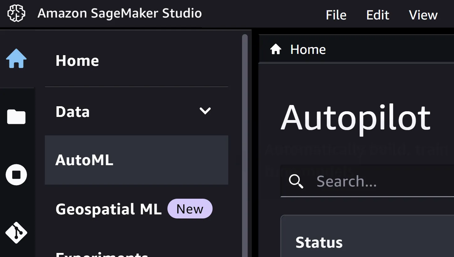 A screenshot of the "AutoML" menu in SageMaker Studio, which leads to a page named "Autopilot".