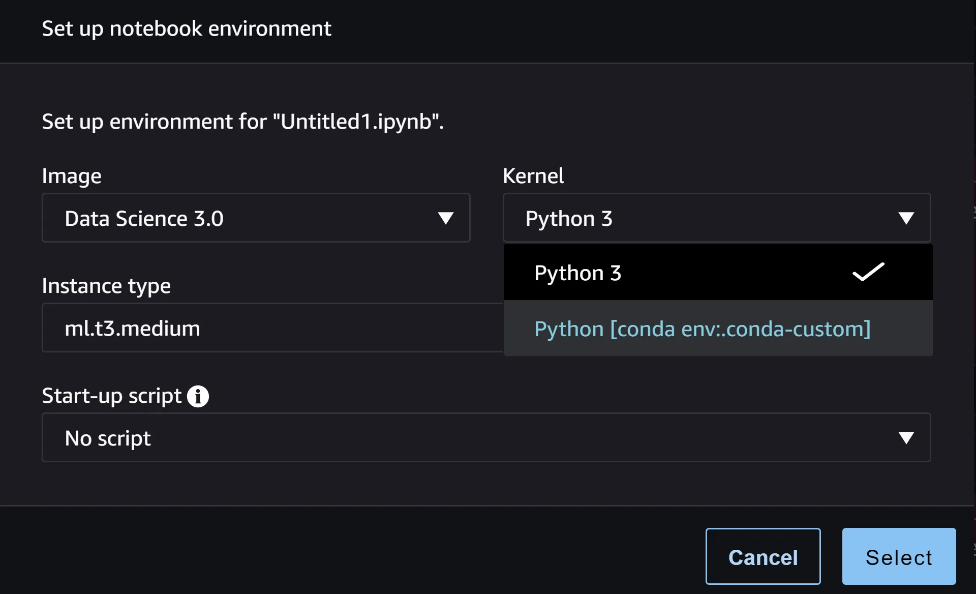 A screenshot of the kernel configuration popup in SageMaker Studio showing the new "custom" environment option available in the "Kernel" dropdown menu.