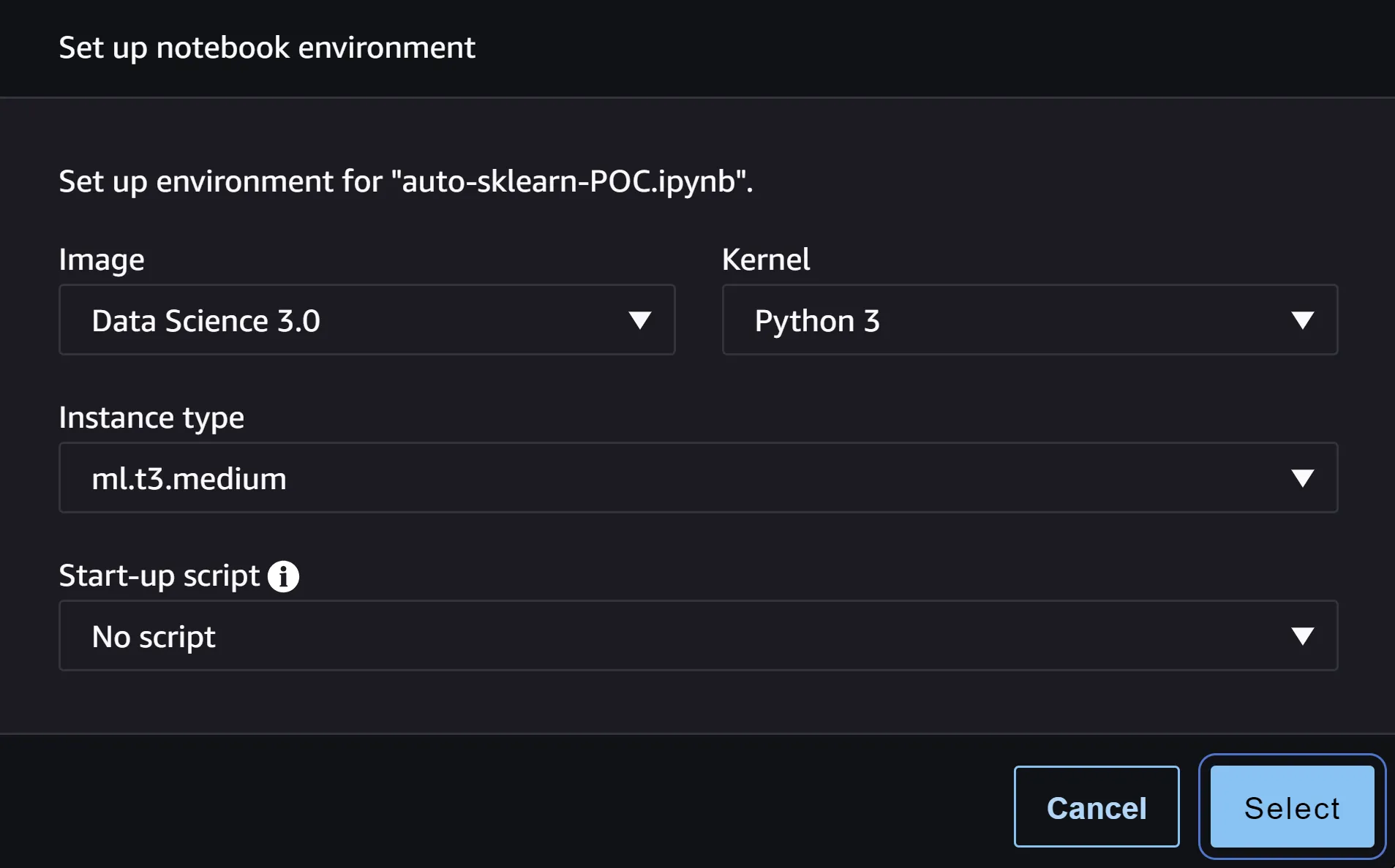 A screenshot of the kernel configuration popup in SageMaker Studio showing the Data Science 3.0 image selected along with the Python 3 kernel.