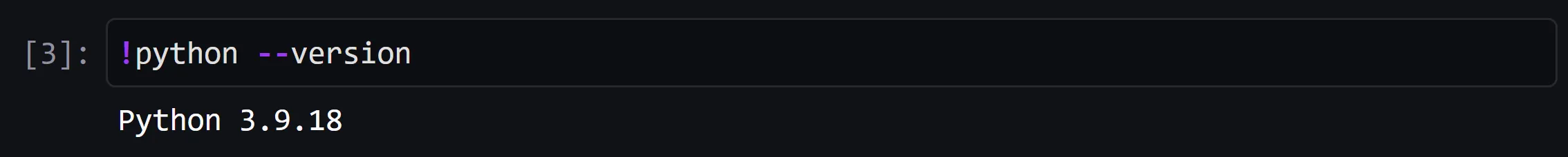 A screenshot of running the python command in a SageMaker notebook and observing it reports that it is version 3.9.