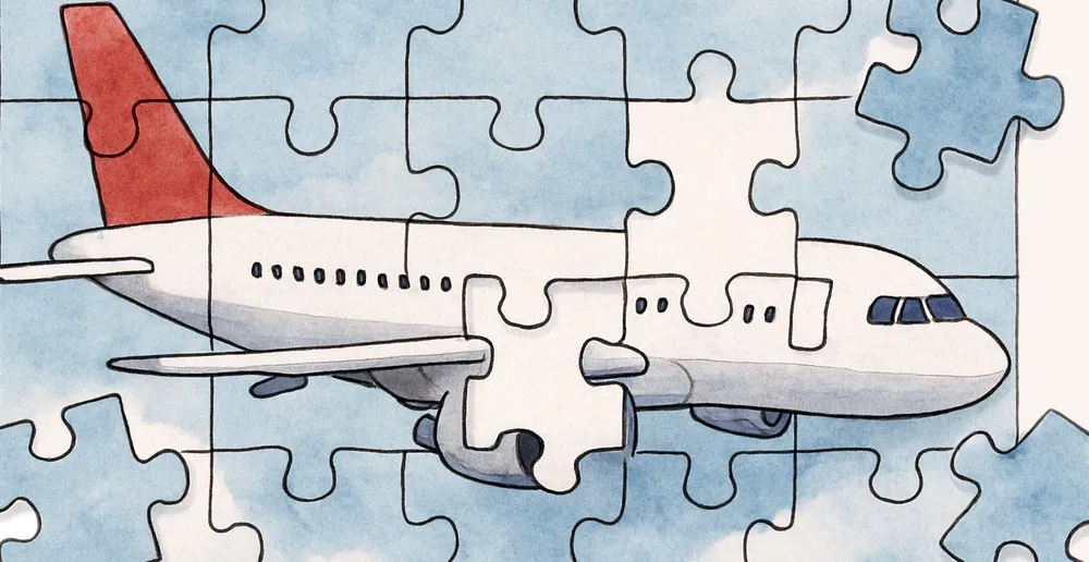 A jigsaw puzzle featuring a commercial passenger airplane with a red tail fin and white fuselage. The aircraft is shown in profile against a light blue sky background. The puzzle consists of multiple interlocking pieces of varying sizes, with some pieces appearing to be missing or displaced, creating gaps in the overall image. The airplane has visible passenger windows along its side and appears to be a typical commercial airliner.