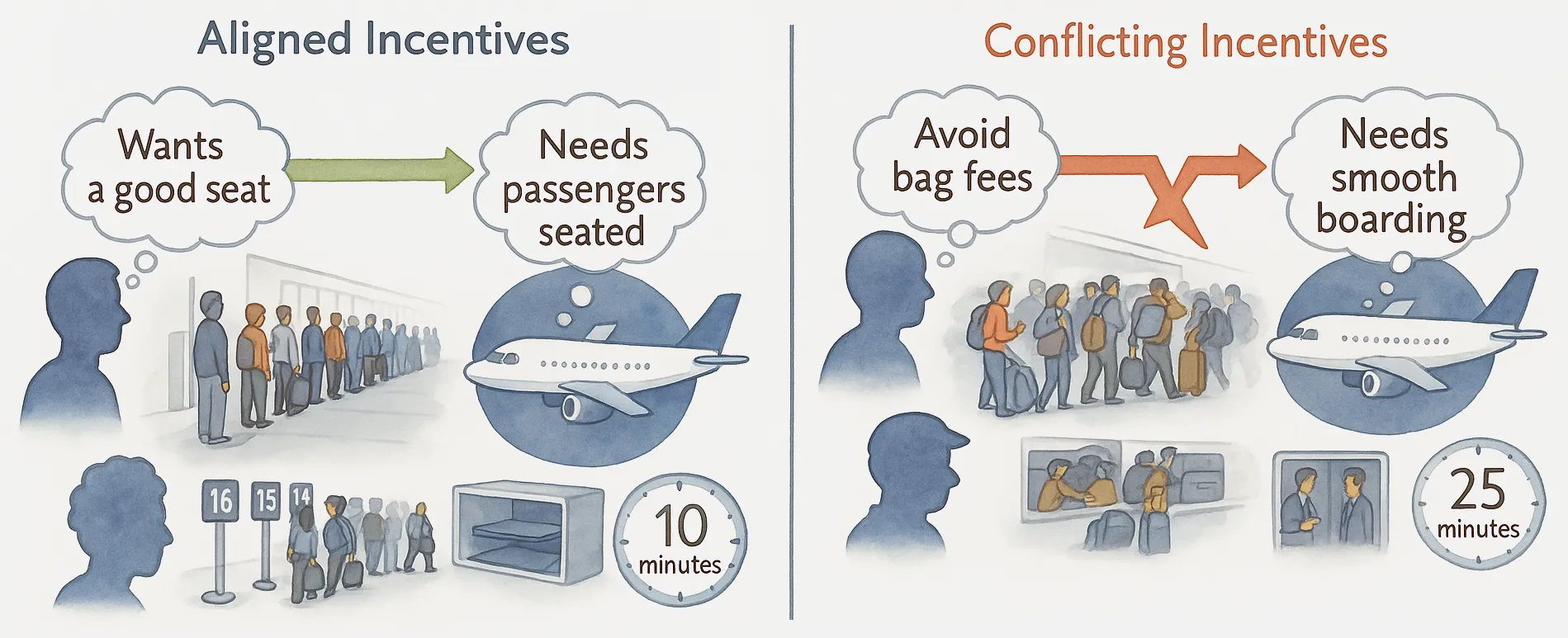 Infographic comparing aligned versus conflicting incentives in airline boarding. Left side shows &#x27;Aligned Incentives&#x27; where a passenger who &#x27;Wants a good seat&#x27; connects with an airline that &#x27;Needs passengers seated,&#x27; illustrated by an orderly boarding line, numbered boarding groups, and a 10-minute boarding time. Right side shows &#x27;Conflicting Incentives&#x27; where a passenger who wants to &#x27;Avoid bag fees&#x27; conflicts with an airline that &#x27;Needs smooth boarding,&#x27; illustrated by crowded passengers with oversized carry-on bags creating boarding delays, resulting in a 25-minute boarding time.