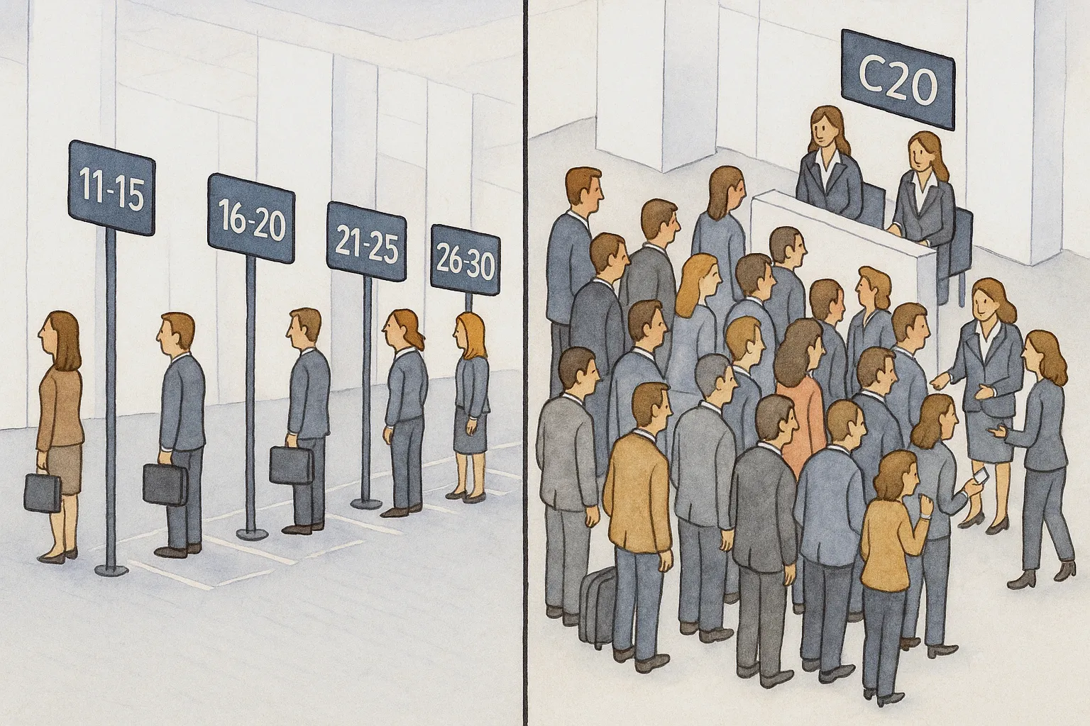 Split illustration showing two different boarding scenarios. Left side shows an organized queue with passengers lined up behind numbered signs in an orderly fashion. Right side shows a crowded, disorganized group of passengers clustered around an airline gate with two airline staff members at the counter.