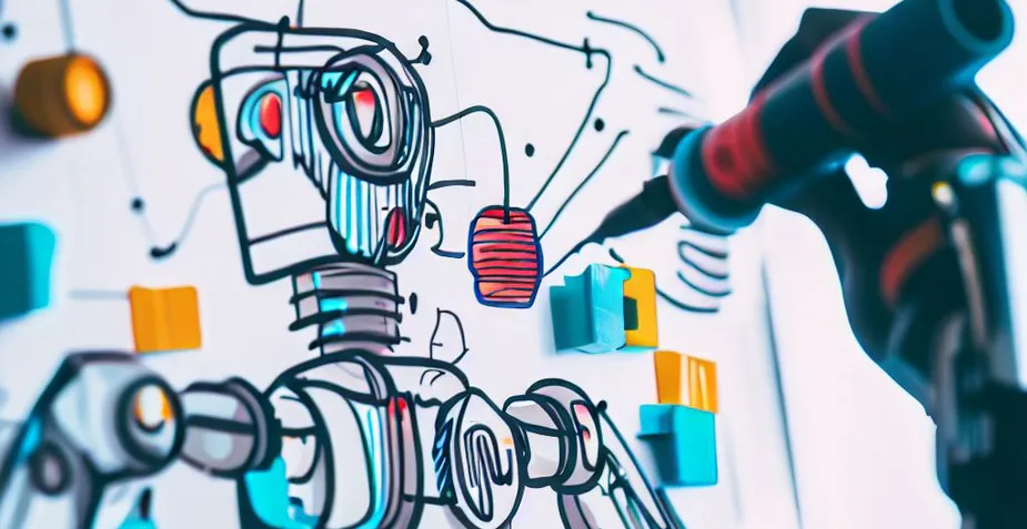 A stylized photo of a robot hand drawing a picture of a robot whiteboard.